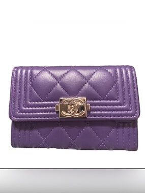 Chanel Le Boy Purple Quilted Leather Card Case with Gold Turn-Lock